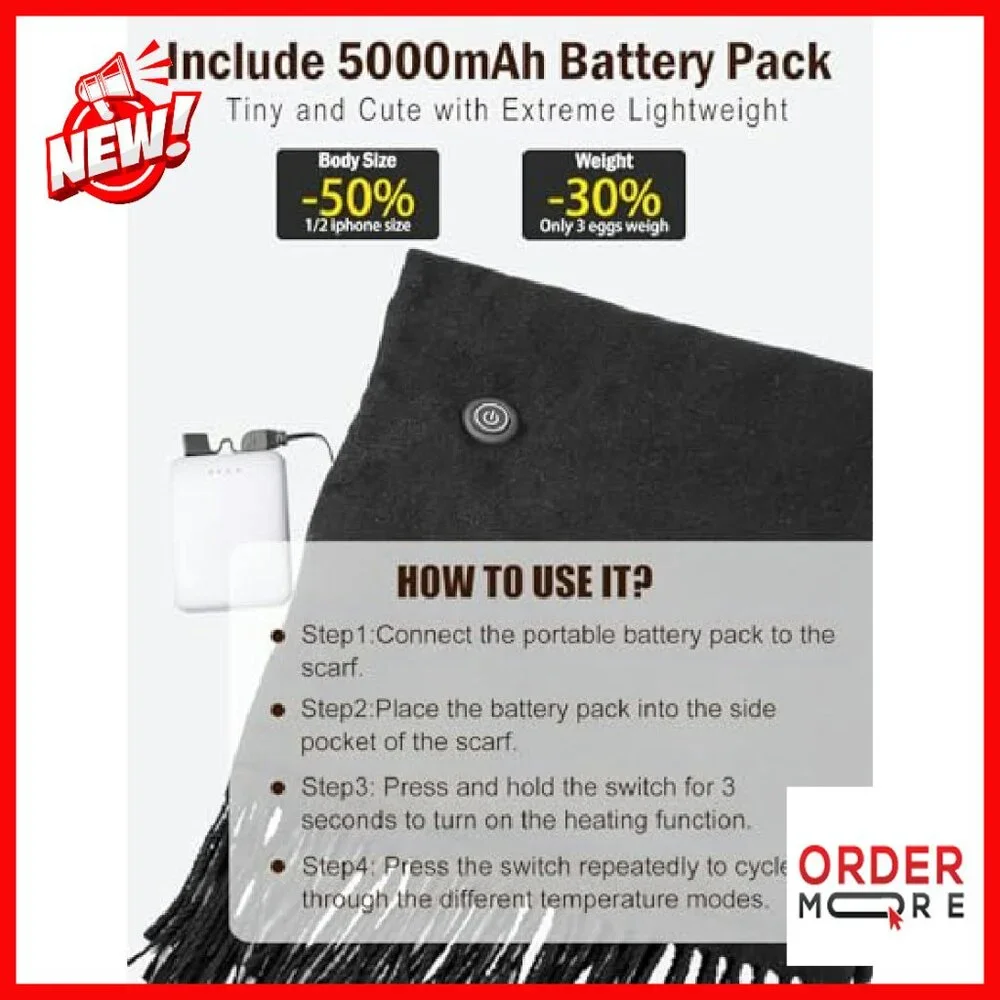 Rechargeable Heated Scarf with 3 Heat Settings for Winter Warmth - Picture 3 of 6